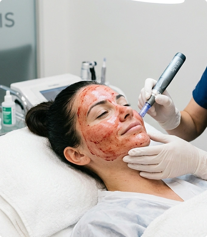 Vampire facial treatment being performed with PRP injection on a woman's face for skin rejuvenation.