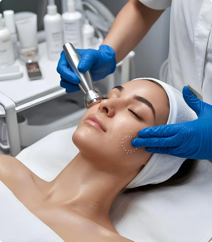 Dermabrasion treatment being performed on a woman's forehead for skin rejuvenation.