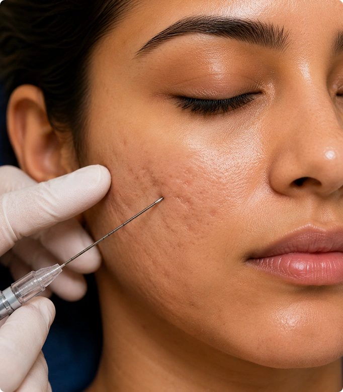 Before and after scar subcision treatment showing improved skin texture and reduced acne scars.