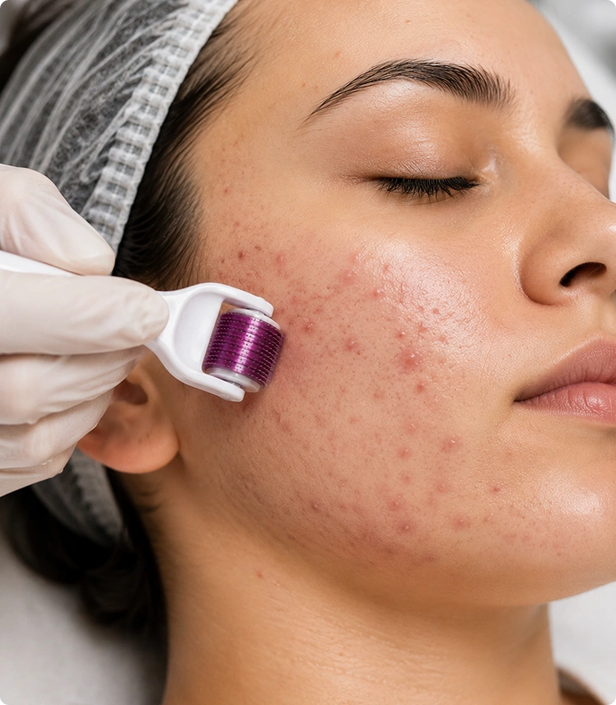 Dermaroller treatment being applied to a woman's face for skin rejuvenation.