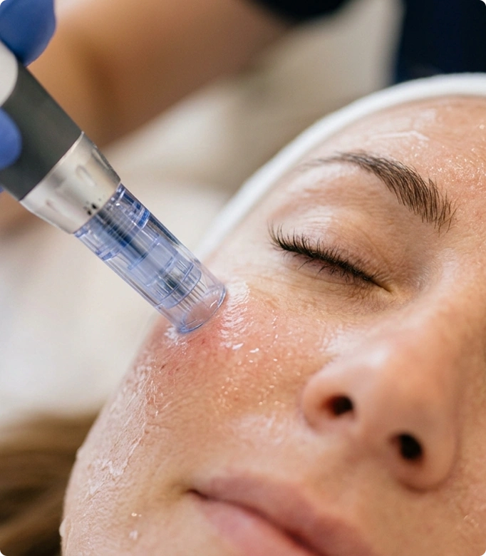 Microneedling treatment being performed on a woman's face for skin rejuvenation.