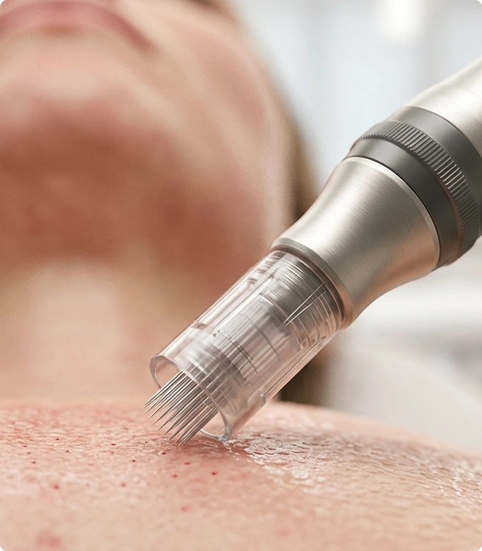 MNRF (Microneedling Radiofrequency) treatment being applied to a woman's face.