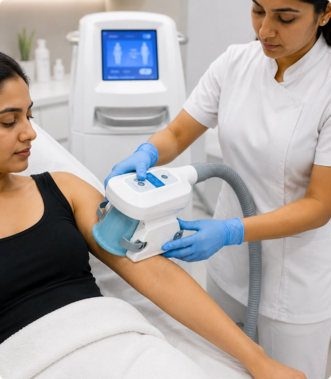 Cool sculpting treatment being applied to a woman's thigh for fat reduction.