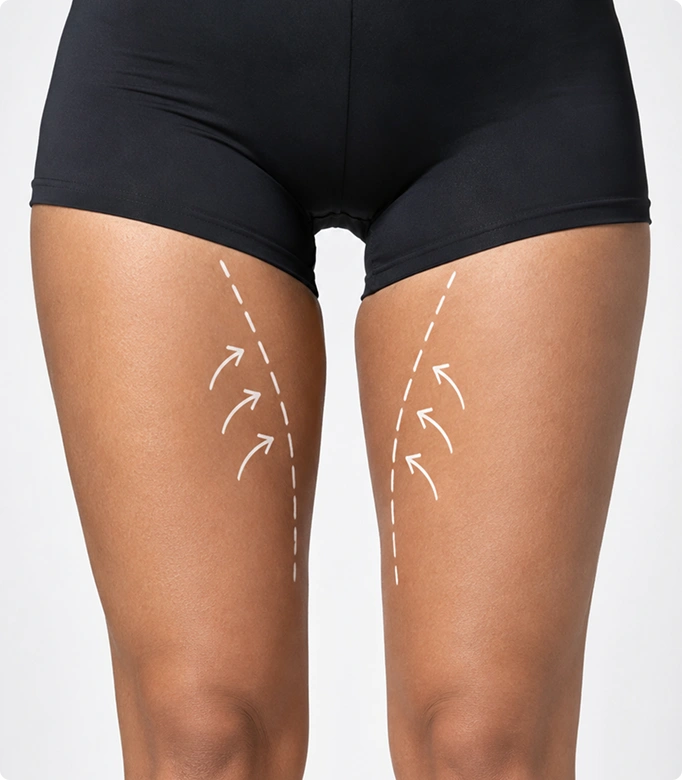Thigh lift procedure preparation with a woman measuring her thigh for body contouring.