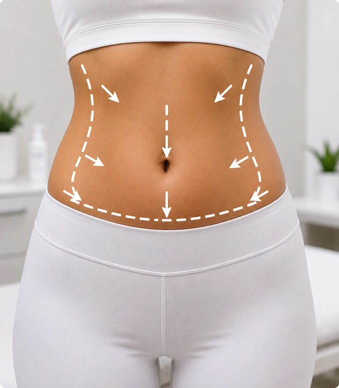 Lipoabdominoplasty procedure showing a woman measuring her waist after body contouring.