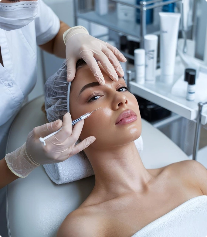 Skin exosome treatment being applied to a woman's forehead for facial rejuvenation.