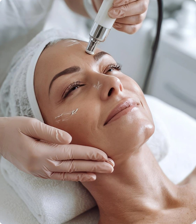 Dermabrasion facial treatment in a beauty clinic, with a professional using a microdermabrasion tool.