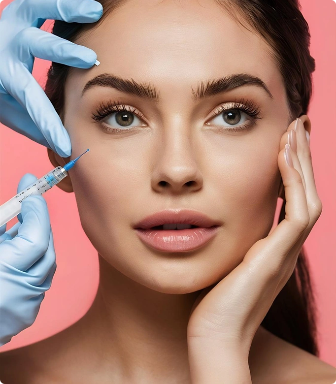 Botox injection procedure being administered to a woman's face by a professional.
