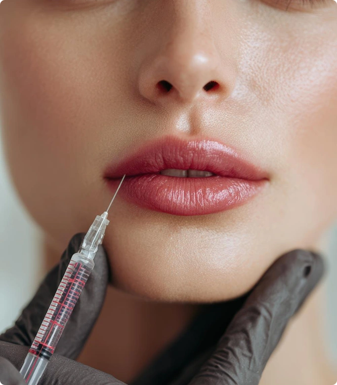 Filler injection being administered to a woman's cheek for facial enhancement.