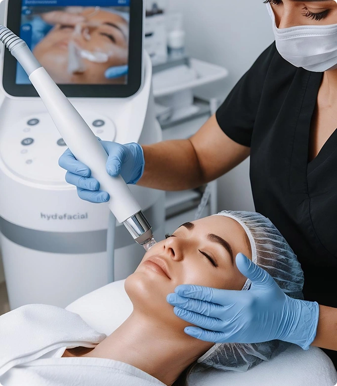 HydraFacial treatment being performed on a woman’s face with a specialized tool.