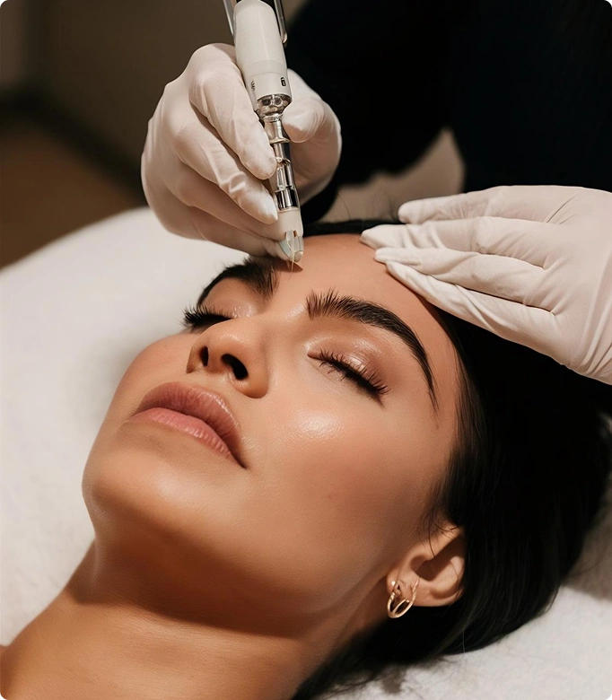 MNRF (Microneedling Radiofrequency) treatment being performed on a woman's forehead.