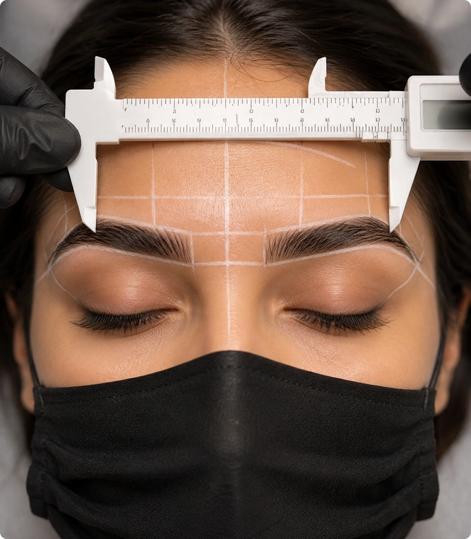 Eyebrow correction procedure with measurements and markings for precise shaping.