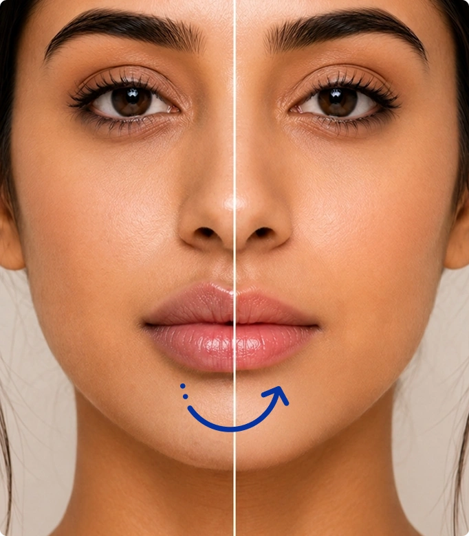 Lip reduction procedure showing before and after results with reduced lip volume.