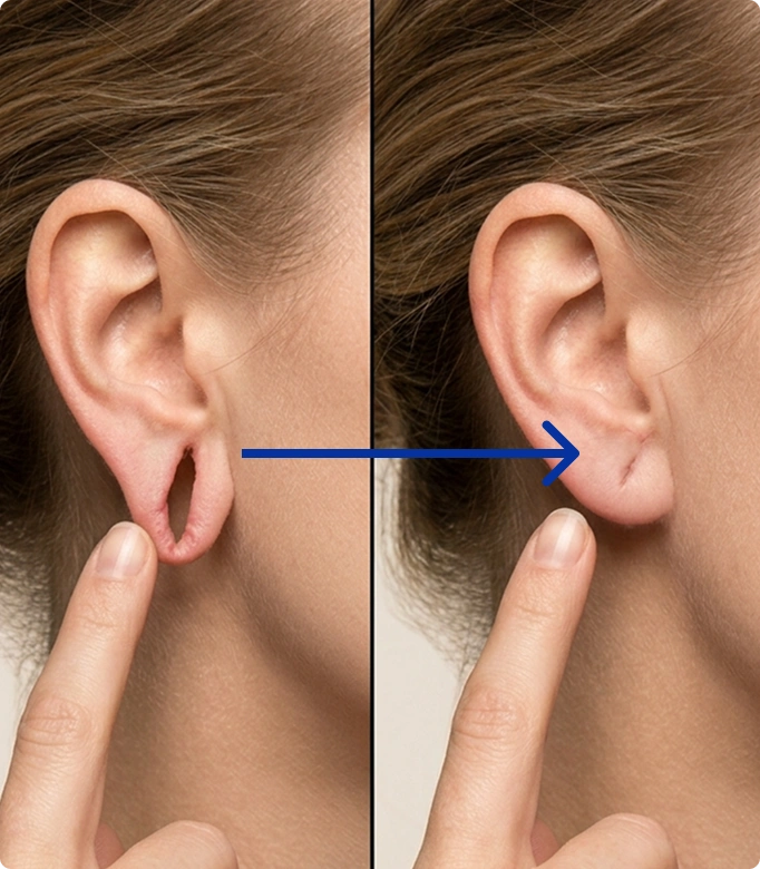 Ear lobe repair procedure showing a person pointing at a torn earlobe.