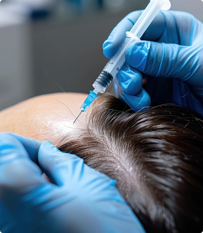 Hair exosome treatment session using advanced scalp device for hair restoration.