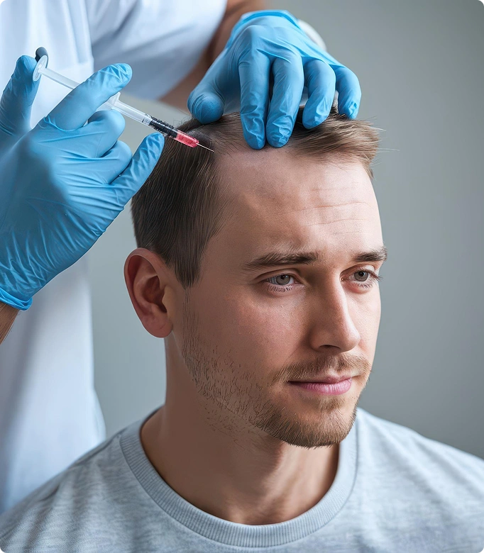 PRP therapy treatment for hair restoration being applied to the scalp.