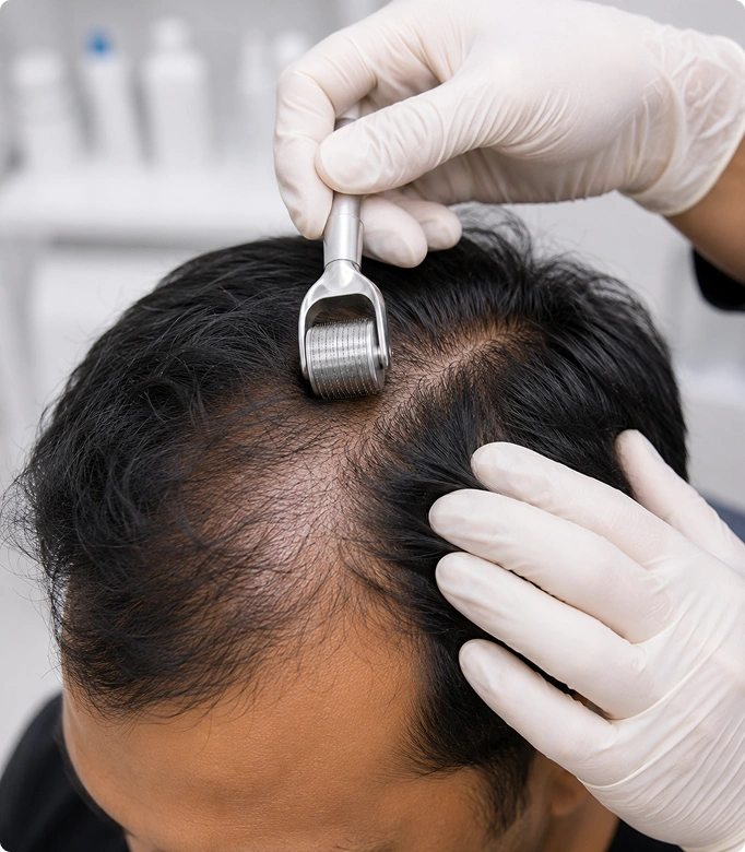 Using a dermaroller treatment on the scalp for hair growth stimulation.