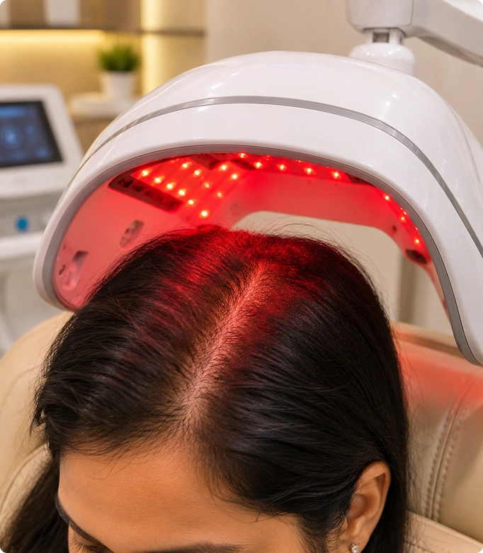 Low level laser therapy treatment for hair restoration on the scalp.