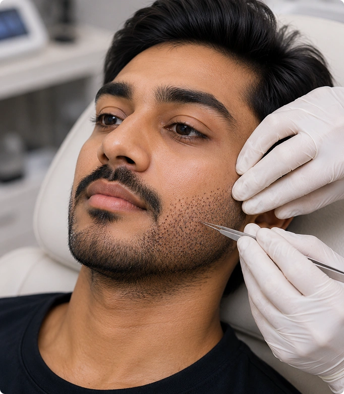 Beard and moustache transplant transformation showing before and after results.