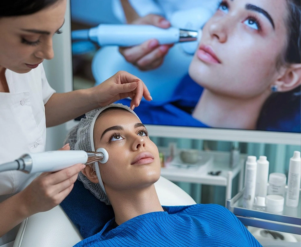 Cosmetic dermatologist performing facial treatment on patient.